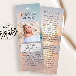 Funeral Bookmark Template, Sunset, Ocean, Beach, Printable Celebration Of Life Bookmarks, Keepsake Cards, Memorial Card For Remembrance