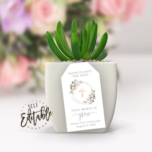 Puede incluir: Una maceta blanca para suculentas con una etiqueta que dice "Faith plants the seed, Love makes it grow. Olivia's First Communion August 21, 2020". La etiqueta tiene una corona floral con una cruz en el centro.