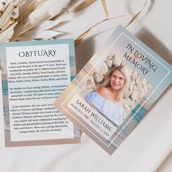 Beach Memorial Card Template, Memorial Announcement, Sunset, Ocean, Funeral Celebration of Life, In Loving Memory, Nautical, Man or Woman