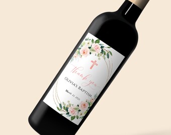 Pink Floral Wine Label Template, ANY OCCASION Custom Wine Label, Blush Pink Flowers, Baptism, Communion, Printable, Gold Frame