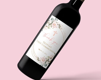 Blush Pink Floral Wine Label Template, ANY OCCASION Custom Wine Label, Blush Pink Flowers, First HolyCommunion, Printable, Gold Frame