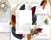 Navy Burgundy Abstract Modern Wedding Invite, Terracotta and Gold Watercolor, Burnt Orange, Organic Shapes, Ivory Beige Wedding Invitation