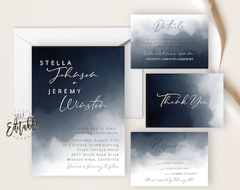 Marineblau Aquarell Splash Hochzeit Set, Marineblau Moody Collection, Minimalismus, Moderne Kalligraphie, Minimalist, Hochzeitseinladung, Vorlage