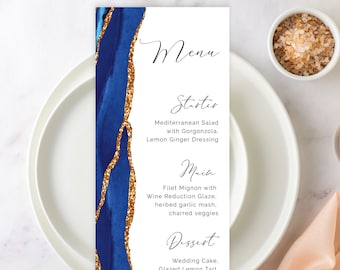 Royal Blue Wedding Menu Template, Agate Geode Watercolor, Gold, Abstract Minimalist, Tea Length, DIY Editable, Printable,Modern Calligraphy