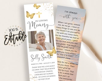 Butterfly Funeral Bookmark Template, Sunset, Ocean, Beach, Celebration Of Life Bookmarks, Keepsake Cards, Memorial Card For Remembrance