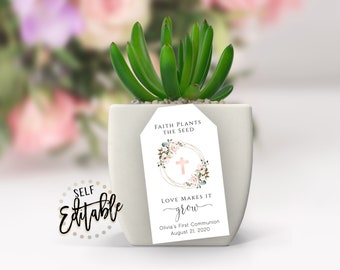 Kommunion Geschenkanhänger, Glaube pflanzt den Samen, Liebe lässt ihn wachsen, Sukkulenten, Pflanze oder Blumentopf Favor Tag, rosa Blumen, Taufe, Gastgeschenk