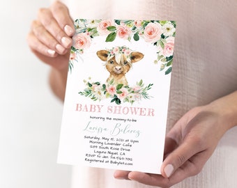 Highland Cow Baby Shower Invitation, Baby Calf, Blush Pink Floral Watercolor, Greenery, Farm Animals, Barnyard, Baby Girl Invite, Template