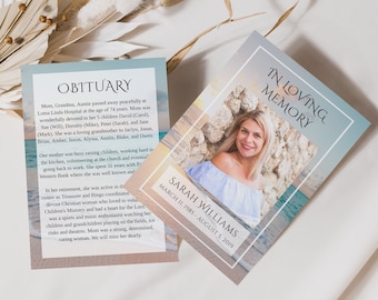 Beach Memorial Card Template, Memorial Announcement, Sunset, Ocean, Funeral Celebration of Life, In Loving Memory, Nautical, Man or Woman