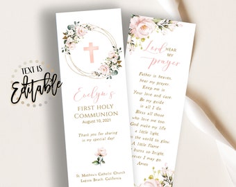 Pink Floral First Communion Bookmark Template, Prayer Card, Girl, Pink Cross Gold Frame, Blush Pink, Keepsake, First Holy, Favors, Baptism