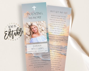 Plantilla de marcador de funeral, puesta de sol, océano, playa, marcadores de celebración de la vida imprimibles, tarjetas de recuerdo, tarjeta conmemorativa para el recuerdo