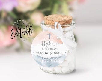 Watercolor Communion Tag, Blush Pink And Dusty Blue, Party Favor Tags, DIY Printable Tags, Thank You, First Holy, Template, Girl, Baptism