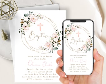Blush Pink Floral Baptism Phone Evite+Printable Invite, Girl Christening Invite, Digital, Gold Frame, First Communion, Cross, Text Message