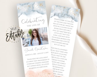 Watercolor Funeral Bookmark Template, Blush Pink And Dusty Blue, Celebration Of Life Bookmark, Keepsake Cards,Memorial Card For Remembrance