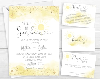 You Are My Sunshine Baby Shower Invite, Yellow Watercolor Splash, Brighter Than The Sun, Gender Neutral, Gold Glitter,