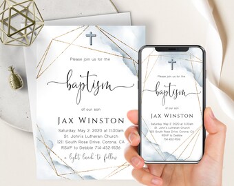 Blue Watercolor Baptism Phone Evite+Printable Invite, Dusty Blue Watercolor, Gold Frame, Blue Cross, Boy Baptism, Electronic Digital, Modern