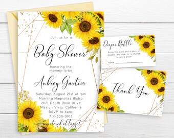 May include: A white baby shower invitation with gold geometric shapes and sunflower accents. The invitation includes the text "Join us for a Baby Shower honouring the mommy-to-be Aubrey Gasties" and details for the event. There is also a matching diaper raffle card and a thank you card.