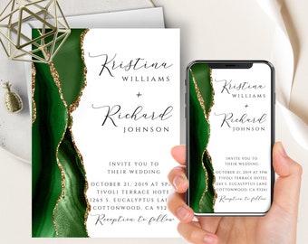 Invitación para teléfono de boda verde esmeralda + imprimible, geoda de ágata en acuarela, dorada, electrónica digital, moderna, minimalista, verde bosque
