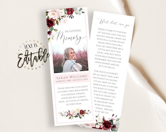 Funeral Bookmark Template, Burgundy Merlot Pink Floral, Printable Celebration Of Life Bookmarks,Keepsake Cards,Memorial Card For Remembrance