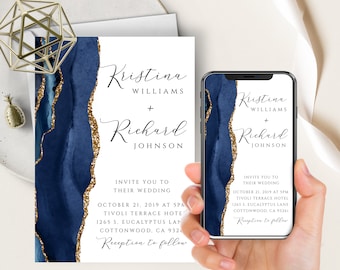 Minimalist Indigo Ink Modern Wedding Invitation Watercolor Geometric Dark Blue Printable Wedding Invitation Set Geometrical Modern