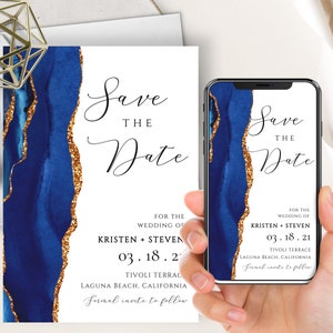 Royal Blue Save The Date Phone Evite+Printable Invite, Agate Geode Watercolor, Gold, Electronic Digital, Modern, Minimalist, Elegant,Wedding
