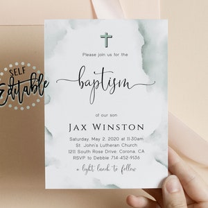 Green Watercolor Baptism Invite, Boy Dedication, Sage Green Watercolor Splash, Cross, First Communion, Modern, Editable Template