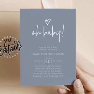May include: A blue baby shower invitation with white text that reads "oh baby!"  Join us for a Baby Shower honoring MADISON WILLIAMS. Saturday, August 20, 12 o'clock. Morning Magnolias Cafe, 5618 South Rose Drive, Mission Viejo, CA 92961. RSVP to Jen 714-789-5612. Registered at Babylist.com