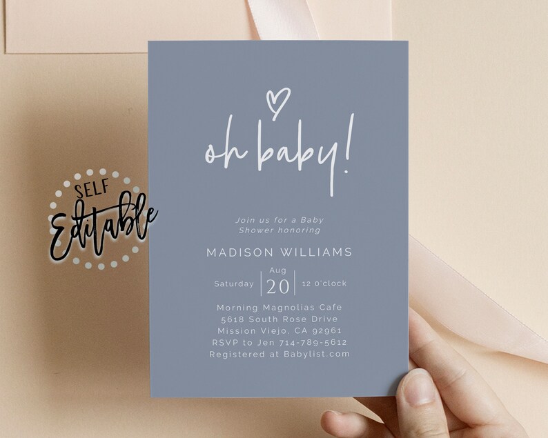 May include: A blue baby shower invitation with white text that reads "oh baby!"  Join us for a Baby Shower honoring MADISON WILLIAMS. Saturday, August 20, 12 o'clock. Morning Magnolias Cafe, 5618 South Rose Drive, Mission Viejo, CA 92961. RSVP to Jen 714-789-5612. Registered at Babylist.com