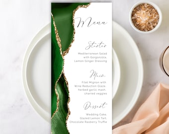 Emerald Green Wedding Menu Template, Agate Geode Watercolor, Gold, Abstract Minimalist, Tea Length, Editable, Printable,Modern Calligraphy