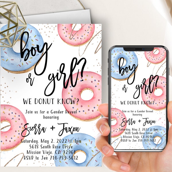 Donut Gender Reveal Phone Evite+Printable Invite, Pink Or Blue, We Donut Know, Watercolor Splash, Reveal Party, Boy Or Girl, He Or She, Gold