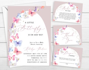 May include: A pink and white baby shower invitation with a watercolor butterfly design. The invitation reads "A Little Butterfly is on her way!" and includes the date, time, and location of the shower. The invitation also includes a request for books for the baby.