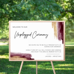 Burgundy And Gold Unplugged Ceremony Sign, Wedding Sign, Abstract Minimalist, Maroon Watercolor, No Pictures Wedding Sign, No Cameras