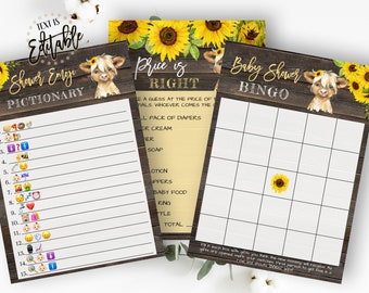Bundel met Highland Cow-babyshowergames, zonnebloemen, emoji-woordenboek, prijs is goed, bingo voor babyshower, rustiek hout, babykalf, gele bloemen