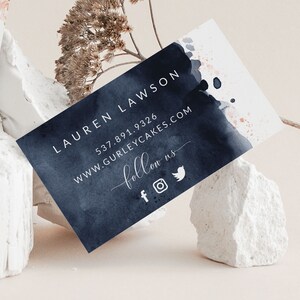 Business Card Template, DIY Self Editable Business Cards, Pink And Navy Floral, Blush Pink And Navy Blue Watercolor, Feminine image 3