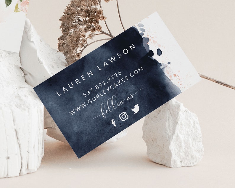 Business Card Template, DIY Self Editable Business Cards, Pink And Navy Floral, Blush Pink And Navy Blue Watercolor, Feminine image 3