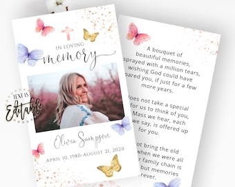 Plantilla de tarjeta de oración de mariposa, Tarjeta de poema funerario, Celebración de la vida, Memorial, Tarjeta de oración de obituario, Mariposas, Oro, Rosa