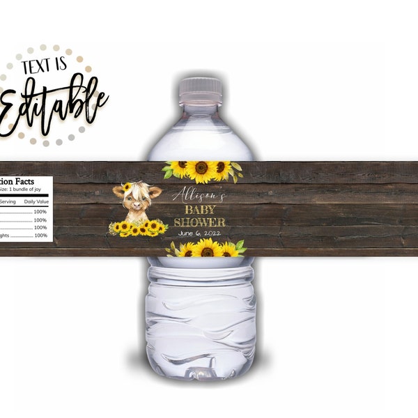 Highland Cow Water Bottle Labels, Cow Baby Shower, Sunflowers, Girl Baby Shower, DIY Water Bottle Template, Yellow Flowers, Editable