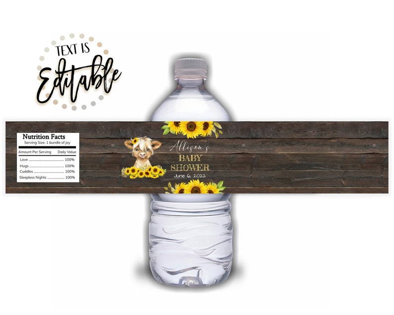 Highland Cow Water Bottle Labels Cow Baby Shower Sunflowers Girl Baby Shower DIY Water Bottle Template Yellow Flowers