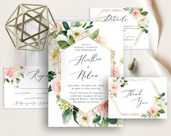 Blush Pink Floral Wedding Invite Set, Geometric Gold Frame, Pink White Floral Watercolor, Greenery, Wedding Invitation, Template, Printable