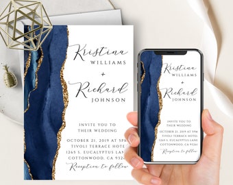 Invitación de boda azul marino para teléfono + imprimible, geoda de ágata, acuarela, dorada, electrónica, digital, moderna, minimalista, azul oscuro