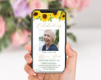 Electronic Celebration Of Life Invite, Sunflowers, Funeral Memorial Announcement For Women, Floral Evite, Text Message Invitation