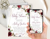 Marsala Floral Baby Shower Phone Invite, Gold Frame Burgundy Merlot Evite, Blush Pink, Electronic Digital Invitation Baby Girl, Boho Chic