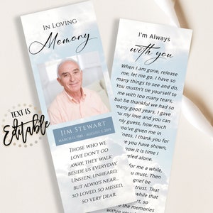 Modèle de marque-page funéraire Blue Sky, marque-pages imprimables pour la célébration de la vie, ciel, nuages, cartes souvenirs, carte commémorative pour le souvenir