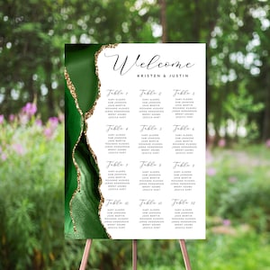 Mapa de assentos de casamento verde esmeralda, plano de assentos com número de mesa, aquarela de geodo de ágata, dourado, placa de plano de assentos editável, encontre seu assento