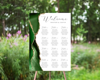 Emerald Green Wedding Seating Chart, Table Number Seat Plan, Agate Geode Watercolor, Gold, Editable Seating Plan Sign, Find Your Seat