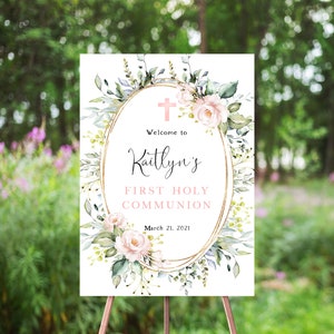 Pink Floral Communion Welcome Sign, Botanical Eucalyptus Greenery, First Holy Communion, Pink Cross, Gold Frame, Girl, Communion Decor