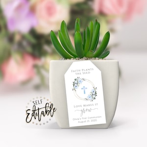 Étiquette de cadeau de communion florale bleue, la foi plante la graine, l'amour la fait grandir, plantes grasses, étiquette de plante, étiquette de pot de fleur, baptême, cotillons