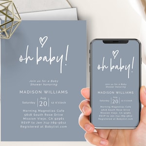 Dusty Blue Baby Shower Phone Evite+Printable Invite, Oh Baby, Boy Blue, Modern, Boho Chic, Minimalist, Simple, Heart, Electronic Digital