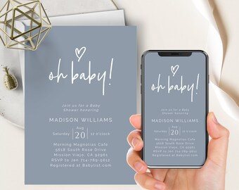 Dusty Blue Baby Shower Phone Evite+Printable Invite, Oh Baby, Boy Blue, Modern, Boho Chic, Minimalist, Simple, Heart, Electronic Digital