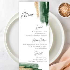 Szablon menu weselnego, szmaragdowo zielony i złoty akwarelowy rozprysk, abstrakcyjny minimalistyczny, długość herbaty, edytowalny DIY, do druku, nowoczesna kaligrafia