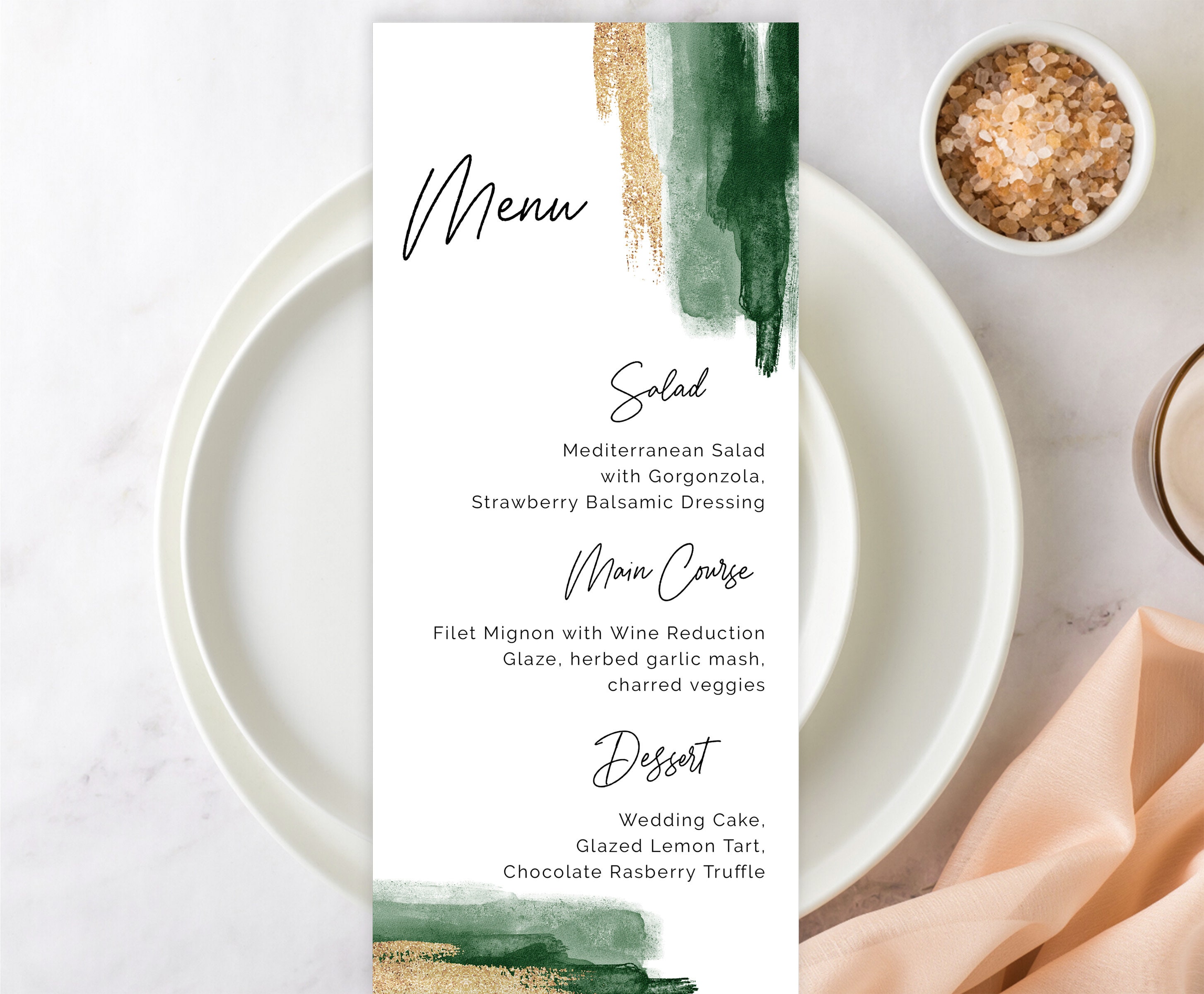 Wedding Menu Template, Emerald Green and Gold Watercolor 